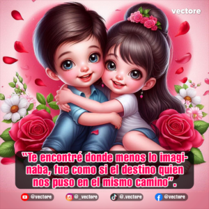 Ilustración de estilo animado con una pareja infantil abrazándose con ternura frente a un gran corazón rosa de fondo, decorado con rosas rojas, flores blancas y pétalos flotando en el aire.