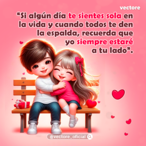 Hermosa ilustración de una pequeña pareja sentada en una banca de madera; la niña, con un vestido rosa y un moño rojo a lunares, abraza fuertemente al niño que viste playera blanca y jeans, junto a una cajita de regalo roja en un fondo rosa con corazones.