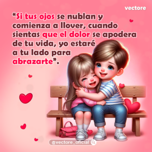 Ilustración digital de una niña llorando mientras un niño con playera a rayas azules y blancas la abraza fuertemente para consolarla; ambos están sentados en una banca de madera con un bolso rosa debajo y corazones flotando alrededor sobre un fondo rosa.