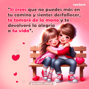 Ilustración romántica de un niño y una niña sonriendo felices mientras se abrazan sentados en una banca de madera; la niña viste de rosa y el niño lleva una chaqueta roja y mochila negra, rodeados de corazones en un fondo rosa brillante.