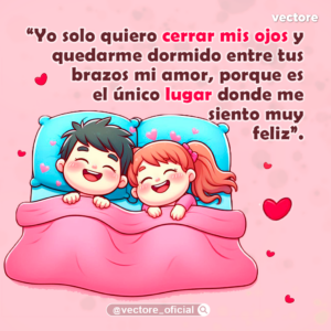 Ilustración digital de una tierna pareja de niños durmiendo felices y sonrientes bajo una cobija rosa en una cama con almohadas azules, rodeados de pequeños corazones flotantes sobre un fondo rosa pastel.