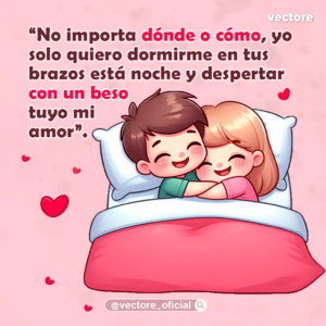 Dibujo animado romántico de un chico abrazando cariñosamente a una chica mientras comparten la misma almohada blanca y se cubren con una manta rosa, decorado con corazones rojos de fondo.