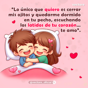 Caricatura infantil de una pareja abrazada fuertemente en la cama bajo un edredón rosa adornado con corazones, mostrando expresiones de felicidad y tranquilidad al dormir juntos.