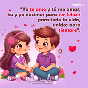 Ilustración digital de un niño y una niña de estilo anime sentados en el suelo tomados de la mano, ambos vistiendo camisetas moradas sobre un fondo lila decorado con rosas rosadas, corazones flotantes y un pequeño cupido.