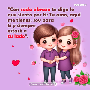 Dibujo romántico de una pareja de niños de pie tomados de la mano, vistiendo polos morados y pantalones oscuros, rodeados de corazones, pétalos flotantes y un ramo de rosas rojas en la esquina inferior sobre un fondo lila claro.