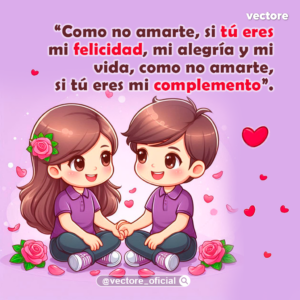 Arte digital tierno de dos niños estilo chibi con camisetas moradas sentados con las piernas cruzadas y agarrados de la mano, mirándose alegremente con corazones rojos y rosas a su alrededor sobre un fondo lila.