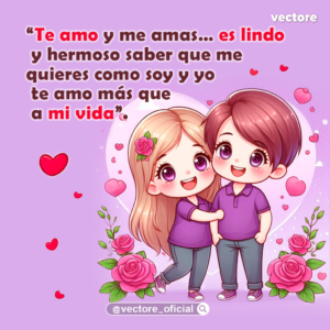 Ilustración de una niña rubia abrazando de lado a un niño con cabello castaño rojizo, ambos con polos morados, enmarcados por una silueta de corazón gigante de fondo y arreglos de rosas rosadas en los costados.